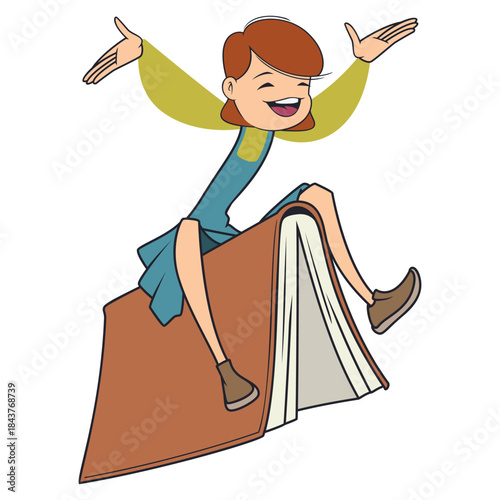 Happy girl flying on book.
