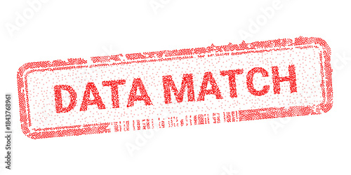 Dotted red Data Match vector stamp for digital technology and database analysis. Stipple textured commercial seal for electronic verification and business data comparison concepts.