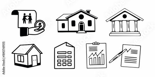Comprehensive hand-drawn collection of business, finance, and real estate icons depicting transactions, property management, legal agreements, and financial analysis concepts