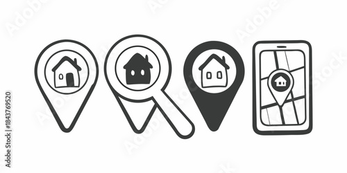 Collection of stylized icons representing real estate search, property location, and house finding via mobile app