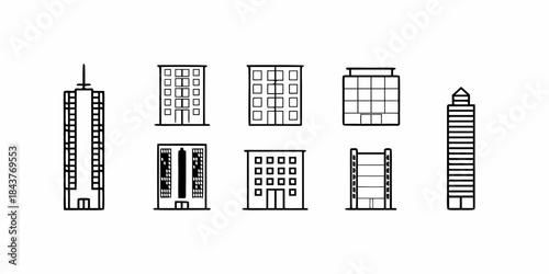 Collection of various architectural building designs and skyscraper outlines for graphic design use