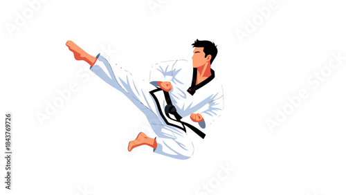 Martial artist in traditional uniform performing a high kick in a dynamic pose