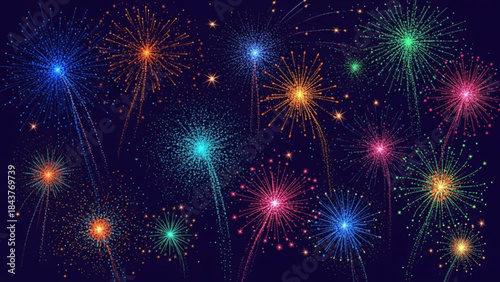 Vibrant fireworks exploding in the night sky with colorful lights and sparks
