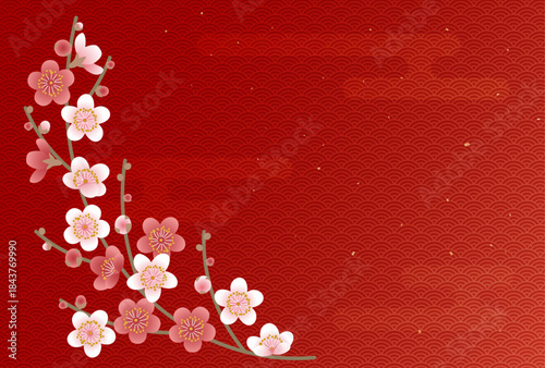 赤い青海波文様を背景にした梅の花の和風デザイン｜青海波, 梅, 和柄, 和風背景, 正月, 春, 伝統文様