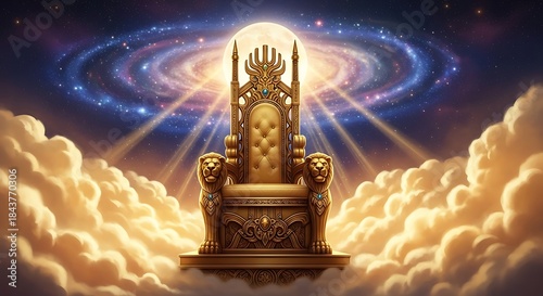 Celestial Throne - A Golden Seat Amidst Clouds and Cosmic Wonder.