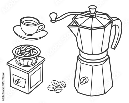 Coffee brewing essentials bundle with cup beans mug kettle grinder vector illustration