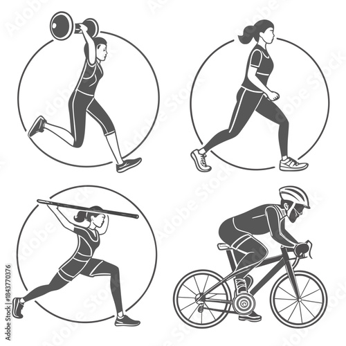 Gym training routine symbols in monochrome line art vector illustration