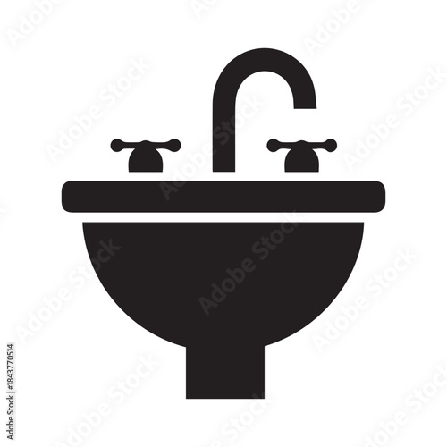 Simple black and white illustration of a bathroom sink with two handles
