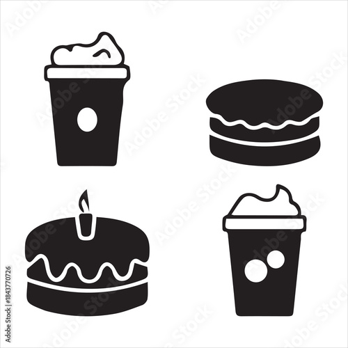 Black and white icons depicting various dessert and fast food items