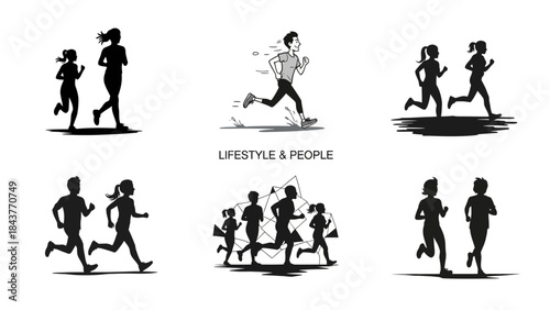 Collection of black silhouettes depicting couples and groups of people running and jogging together representing healthy lifestyle fitness activities and dynamic human movement