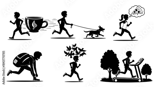 People running vector silhouette icons set daily activities jogging fitness exercise lifestyle illustrations collection black glyph symbols health wellness designs