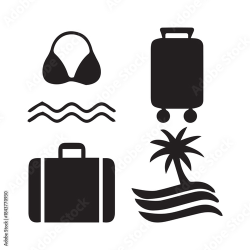 Summer vacation icons depicting swimwear luggage waves palm trees and travel