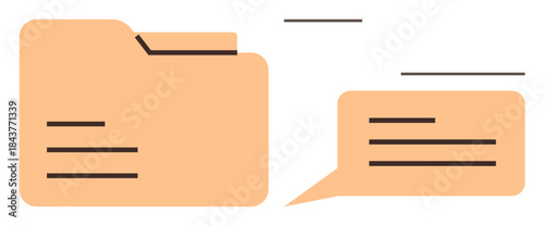 Folder with text lines and speech bubble signify information organization, document exchange, and communication flow. Ideal for data sharing, team collaboration, messaging, record keeping, file