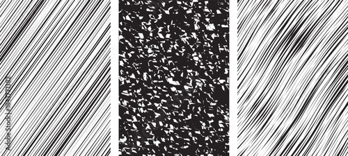 Seamless vector illustration featuring an abstract black and white striped pattern on a textured gray steel surface with silver metal lines for a modern industrial wallpaper backdrop