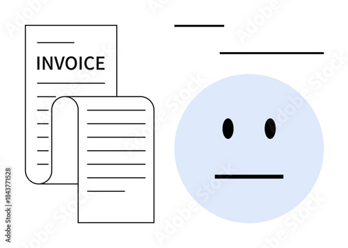 Financial stress, billing issues, personal budgeting, expense management, debt awareness, emotional struggle. A rolled invoice next to a neutral face. Financial stress and billing issues concept