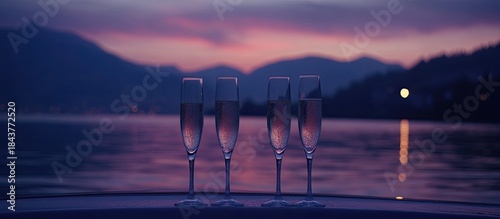 Champagne Toast at Dusk: Four Glasses Reflecting Mountain Sunset Over Calm Lake