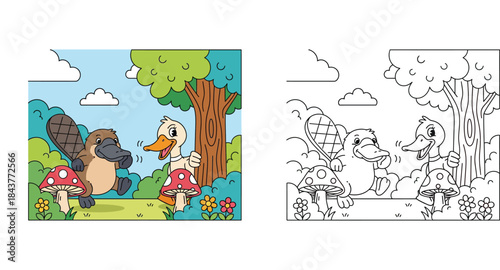 Cute cartoon platypus and duck bird friends talking and walking in forest nature landscape with mushrooms vector illustration for kids