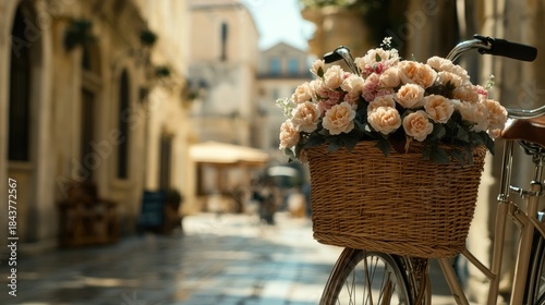 Charming Bicycle Basket Overflowing with Roses, European Street Scene