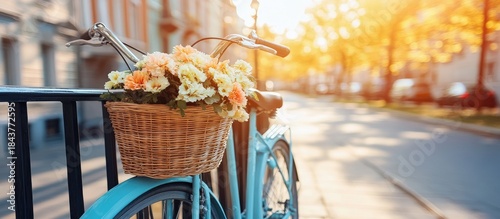 Charming Bicycle with Floral Basket, Sunny Street Scene, Golden Hour, Amsterdam.
