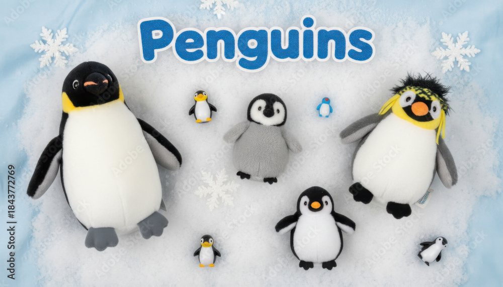 Obraz premium A charming collection of fluffy penguin toys arranged in a snowy winter wonderland setting