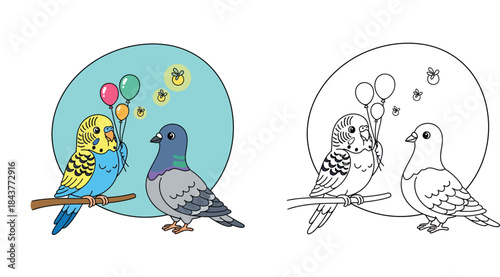 Cute cartoon budgerigar parakeet holding colorful balloons and gray pigeon friend bird sitting together vector illustration circle design
