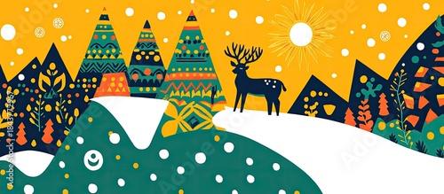 Cheerful Folk Art Winter Landscape with Deer, Patterned Trees, and Bright Sun