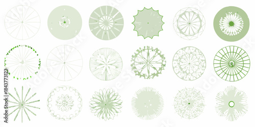 Collection of abstract green circular designs and patterns arranged in a grid