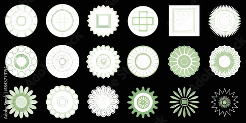 Collection of geometric shapes and patterns in varying green shades
