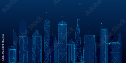 Futuristic cityscape constructed from glowing blue lines and geometric shapes