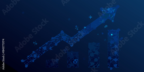 Abstract upward trend depicted with a digital glowing arrow and bar graph