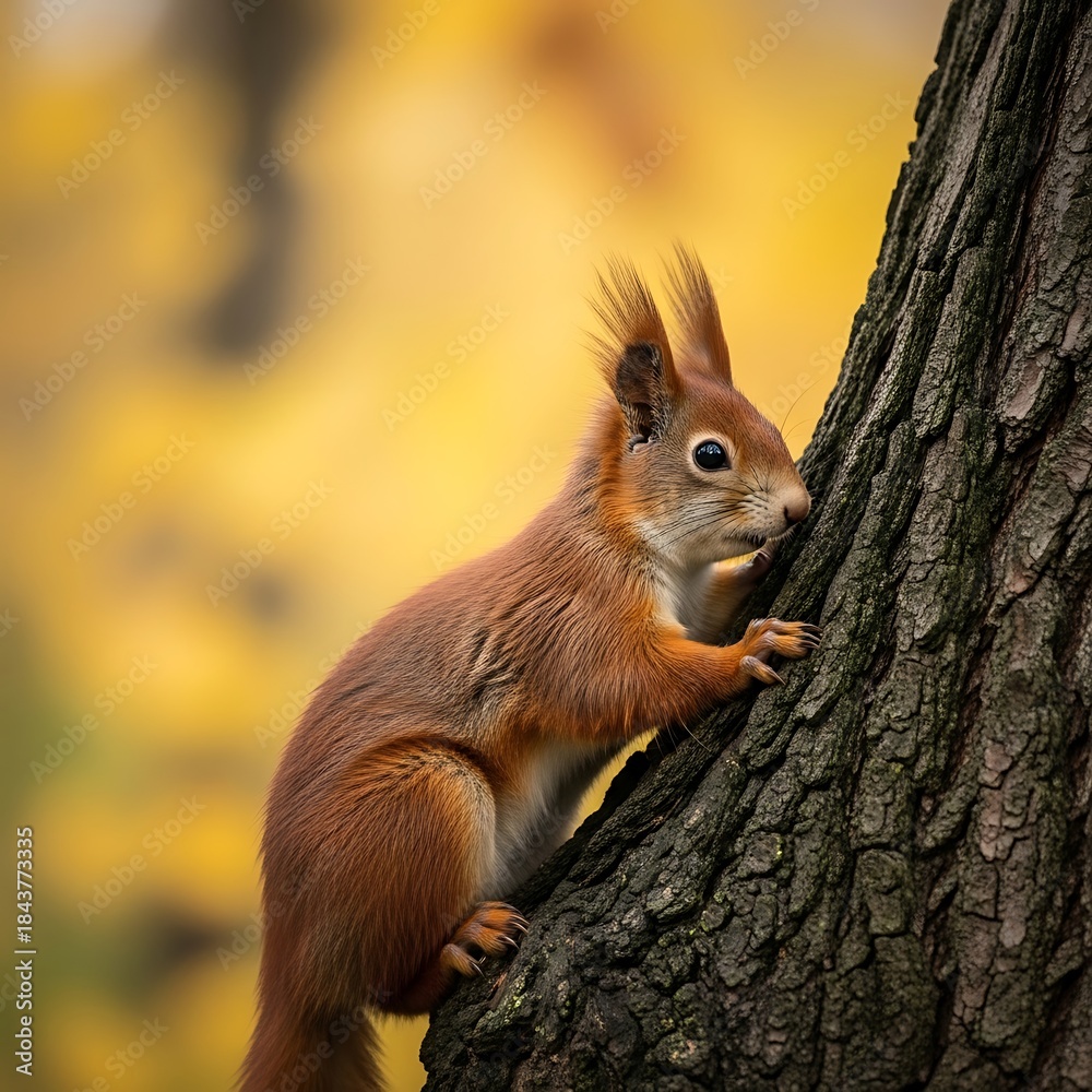Obraz premium Squirrel climbing a tree trunk in autumn forest.