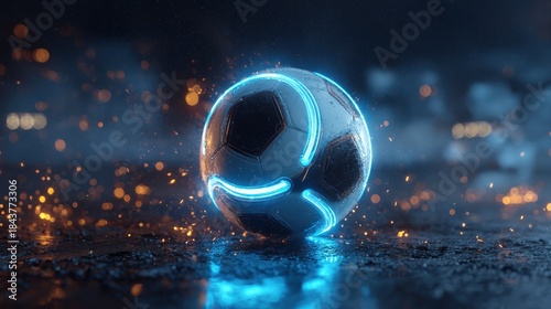 glowing futuristic soccer ball on a shiny dark reflective surface with vibrant blue neon light and scattered orange sparks in the background