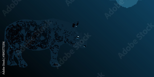 A digitally rendered rhinoceros silhouette against a dark gradient blue background