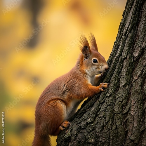 Squirrel climbing a tree trunk in autumn forest.