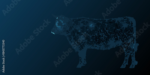 A digital illustration of a cow rendered in a polygonal wireframe style