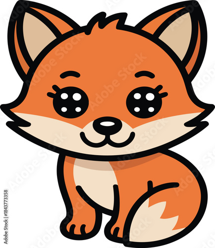 Cute cartoon orange fox with big black eyes and white pupils sitting down animal