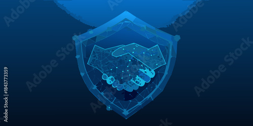 Digital security concept handshake within a polygonal shield representing trust
