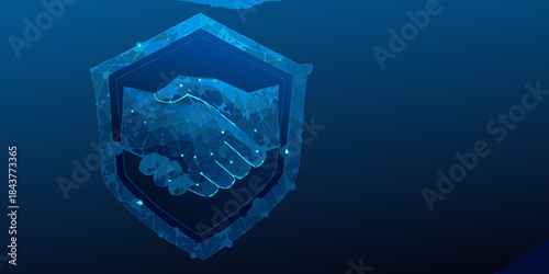 Digital handshake within a polygonal shield representing security and trust