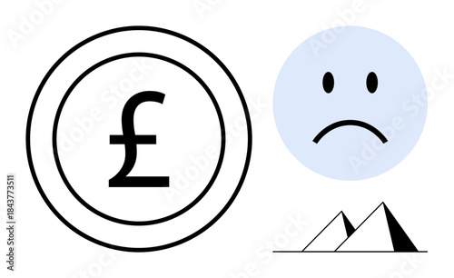 Economic concept. British Pound currency symbol alongside a sad face and pyramids. Highlights financial struggles and global concerns. Useful for finance, economy, global trade, business challenges