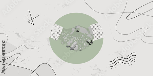 A symbolic illustration of a handshake within a green circle on a textured background