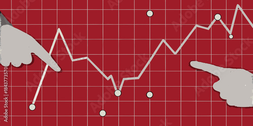 Analyzing market trends with a hand pointing at a fluctuating line graph