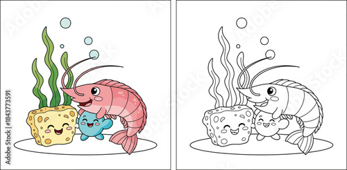 Cute cartoon pink shrimp and yellow sea sponge character with green seaweed underwater vector illustration for kids ocean theme design