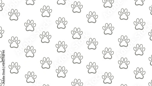 A seamless pattern of black dog paw prints on a light gray background with a repeating design of animal footprints