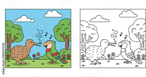 Cute cartoon kiwi bird and green parrot singing together in sunny forest nature landscape vector illustration for kids