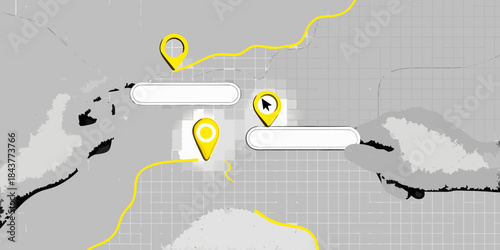 Abstract map illustration with yellow route pins and rectangular labels