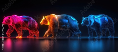 Chromatic March of the Digital Bears: A Luminous Wireframe Trio in Red, Orange, and Blue