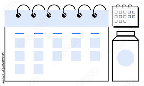 Spiral-bound weekly calendar, small monthly view, and a jar symbolizing planning, productivity, and reminders. Ideal for scheduling, deadlines, routine tracking, organization teamwork planning
