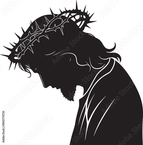 Minimal black silhouette of Jesus Christ on the cross with bowed head crown thorns sacred sacrifice white background vector illustration