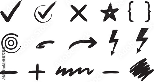 Bold Hand-Drawn Symbol Icon Set Featuring Expressive Checkmarks, Arrows, Stars, Lightning, and Abstract Marks