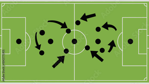 Green grass soccer field with football, stadium, and strategy board icon for team sport competition concept